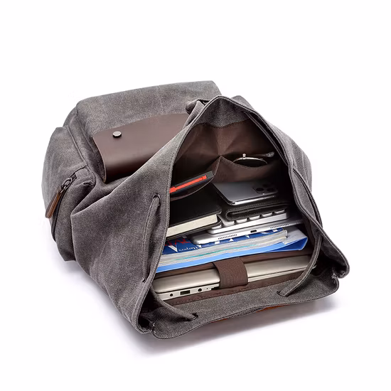 Benutzerdefinierte Laptoptasche aus gewachstem Canvas-Leder aus Baumwolle, Vintage-Reise-Wander-Reiserucksack für Männer