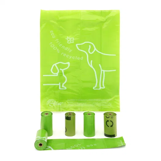 Biologisch abbaubarer, individuell bedruckter, bunter, umweltfreundlicher, kompostierbarer Kunststoff-Müllbeutel für Hundekot, verpackt in einer Box aus recyceltem Papier